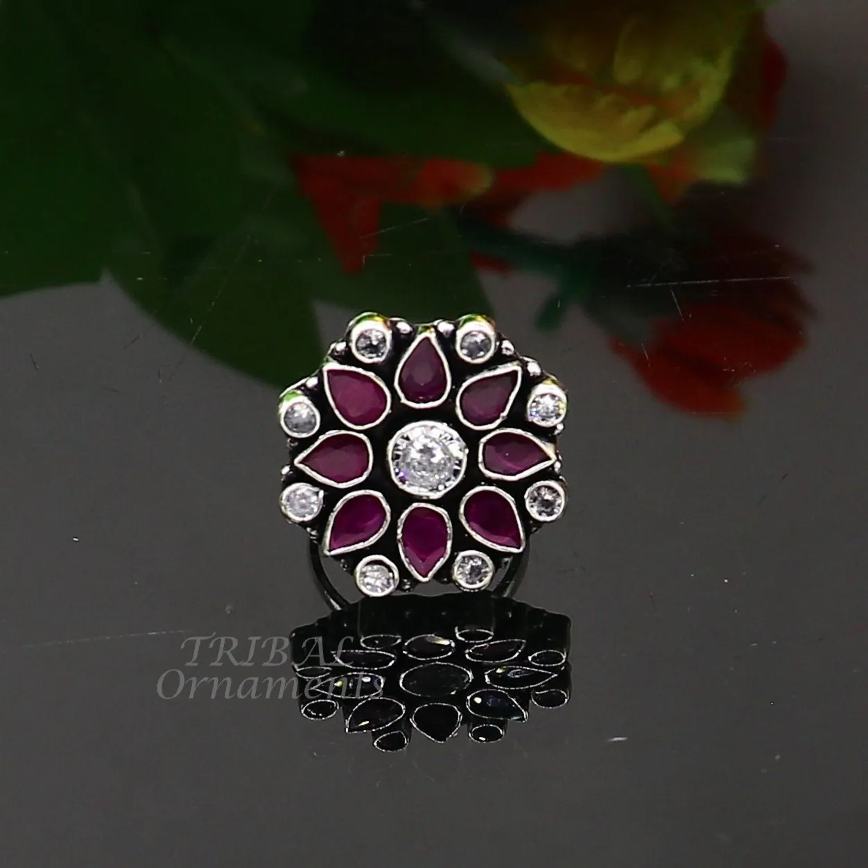 925 sterling silver handmade cubic zirconia and red stone ring adjustable for all sizes best girl's gifting fashionable stylish ring sr354