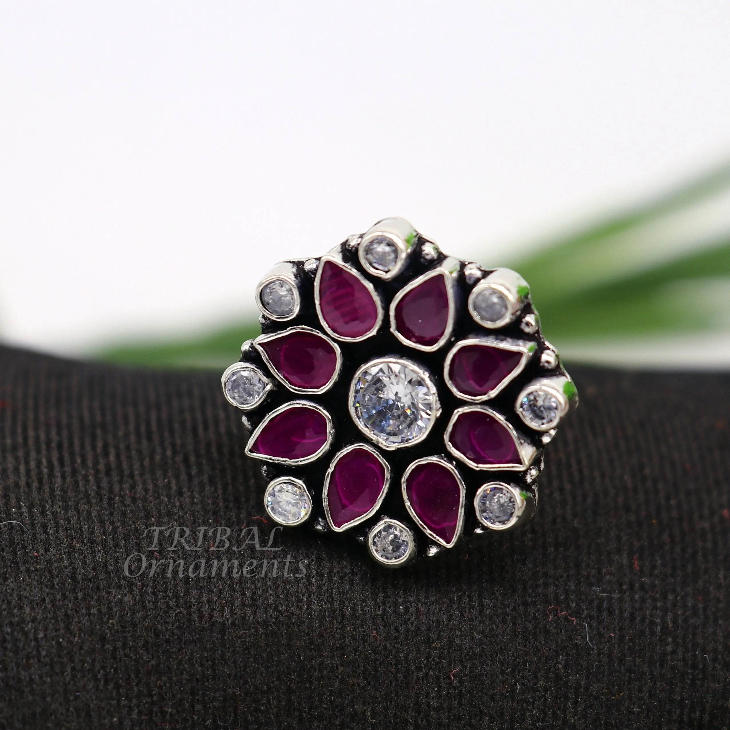 925 sterling silver handmade cubic zirconia and red stone ring adjustable for all sizes best girl's gifting fashionable stylish ring sr354