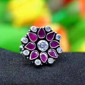 925 sterling silver handmade cubic zirconia and red stone ring adjustable for all sizes best girl's gifting fashionable stylish ring sr354