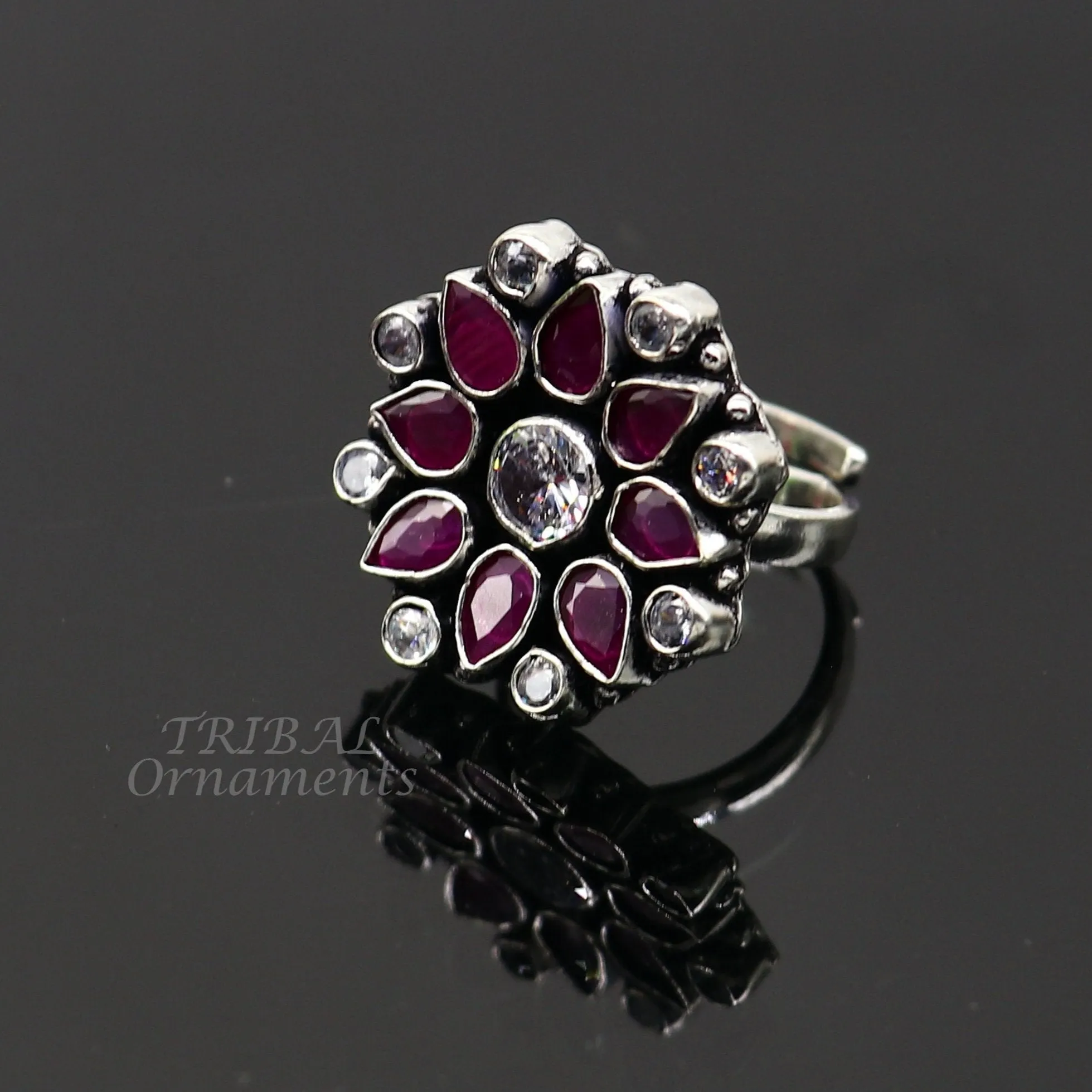 925 sterling silver handmade cubic zirconia and red stone ring adjustable for all sizes best girl's gifting fashionable stylish ring sr354