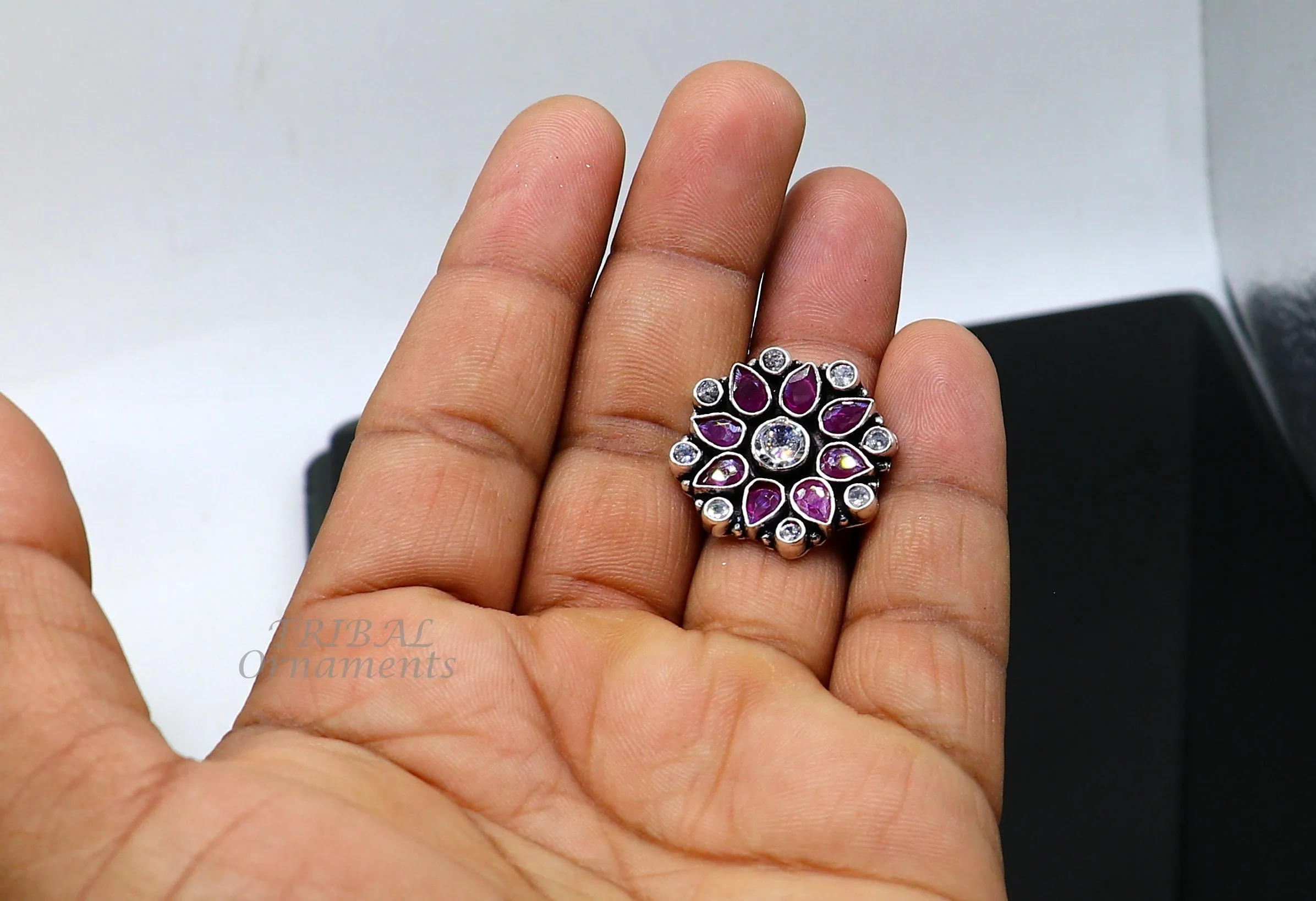 925 sterling silver handmade cubic zirconia and red stone ring adjustable for all sizes best girl's gifting fashionable stylish ring sr354