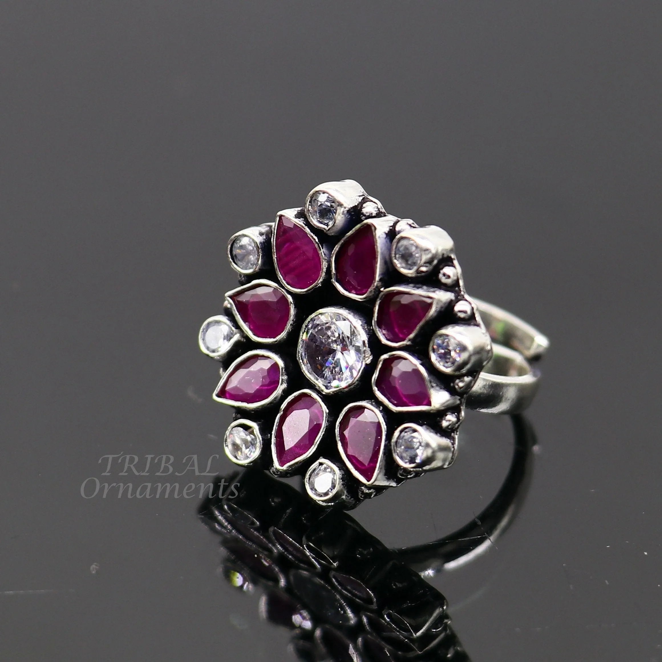 925 sterling silver handmade cubic zirconia and red stone ring adjustable for all sizes best girl's gifting fashionable stylish ring sr354