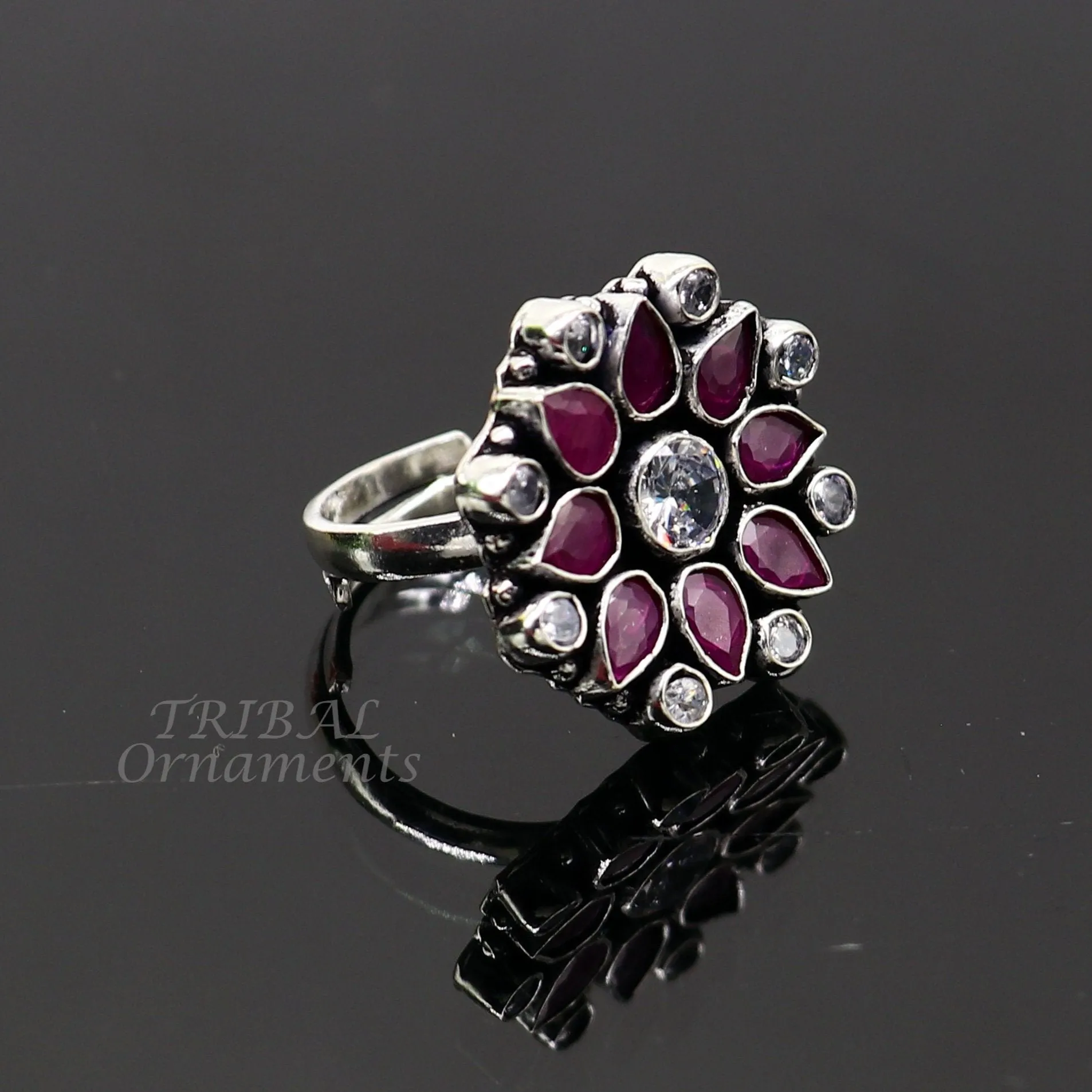 925 sterling silver handmade cubic zirconia and red stone ring adjustable for all sizes best girl's gifting fashionable stylish ring sr354
