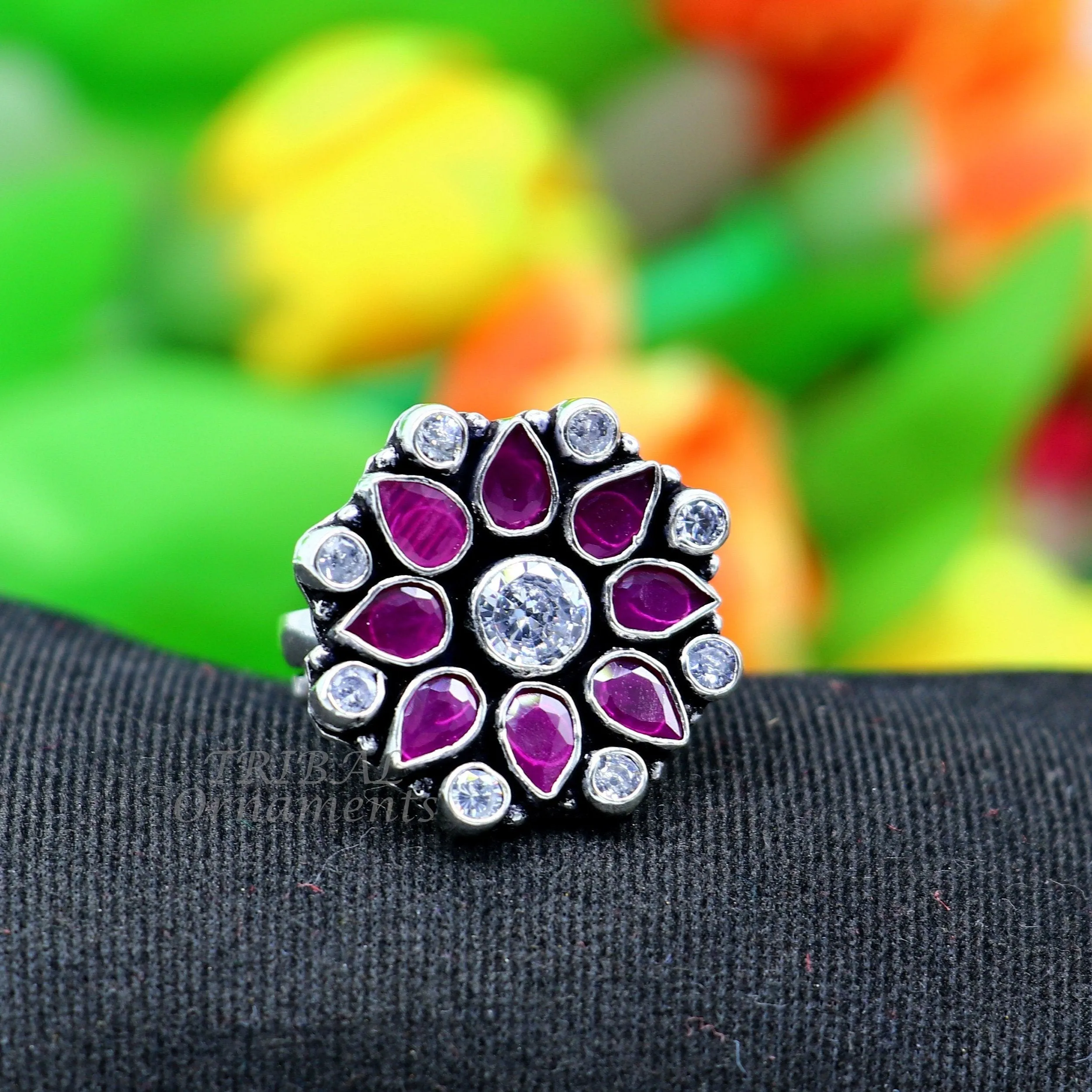 925 sterling silver handmade cubic zirconia and red stone ring adjustable for all sizes best girl's gifting fashionable stylish ring sr354