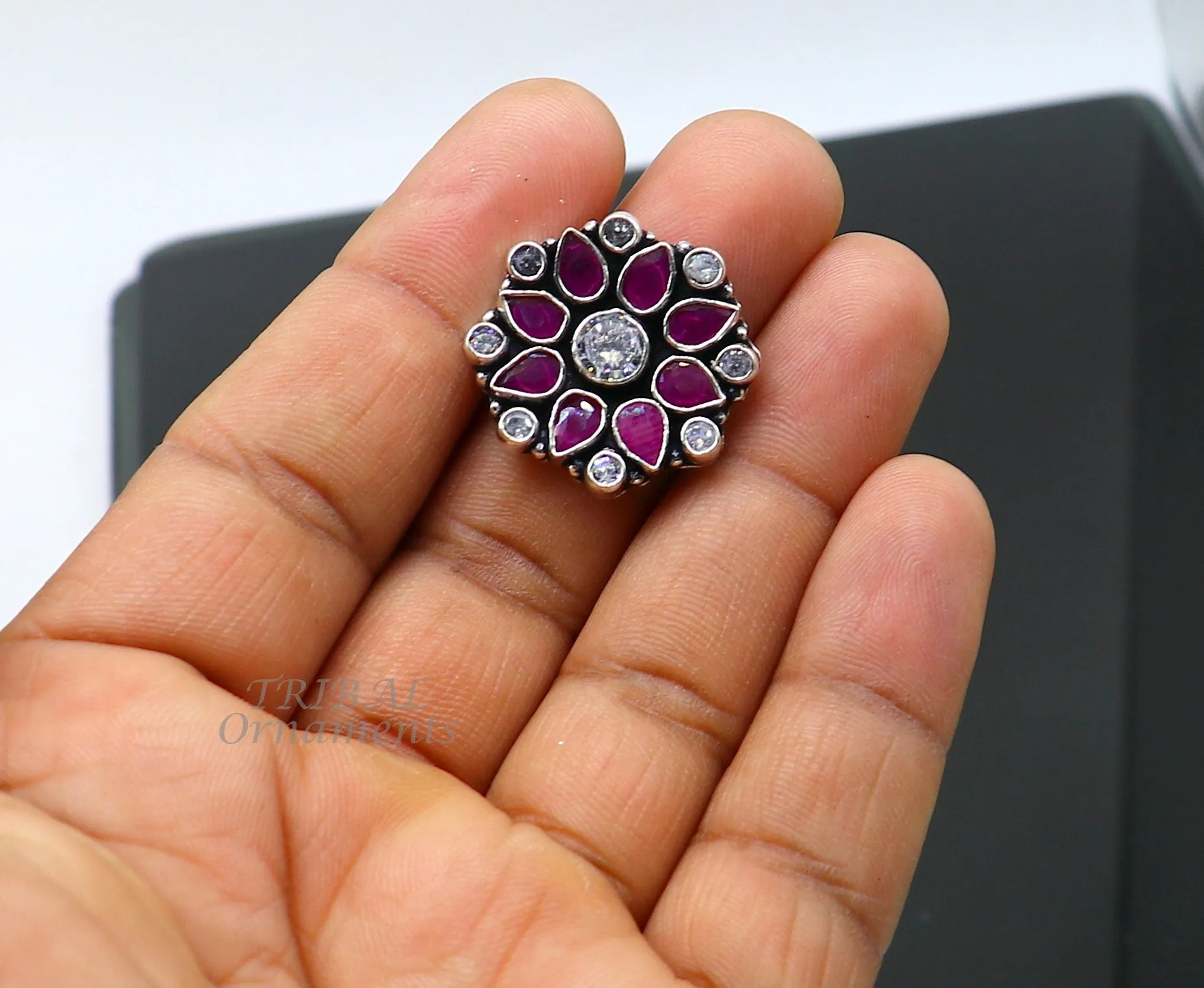 925 sterling silver handmade cubic zirconia and red stone ring adjustable for all sizes best girl's gifting fashionable stylish ring sr354
