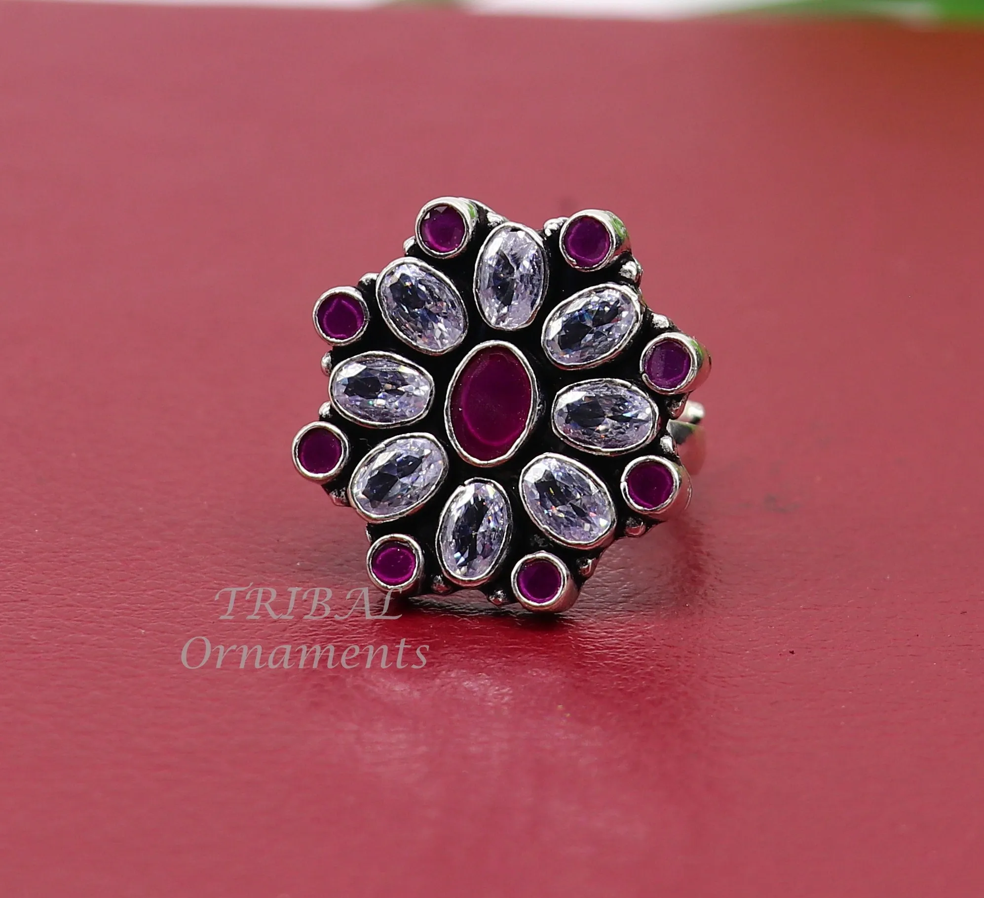 925 sterling silver handmade cubic zirconia and red stone ring adjustable for all sizes best girl's gifting fashionable stylish ring sr357
