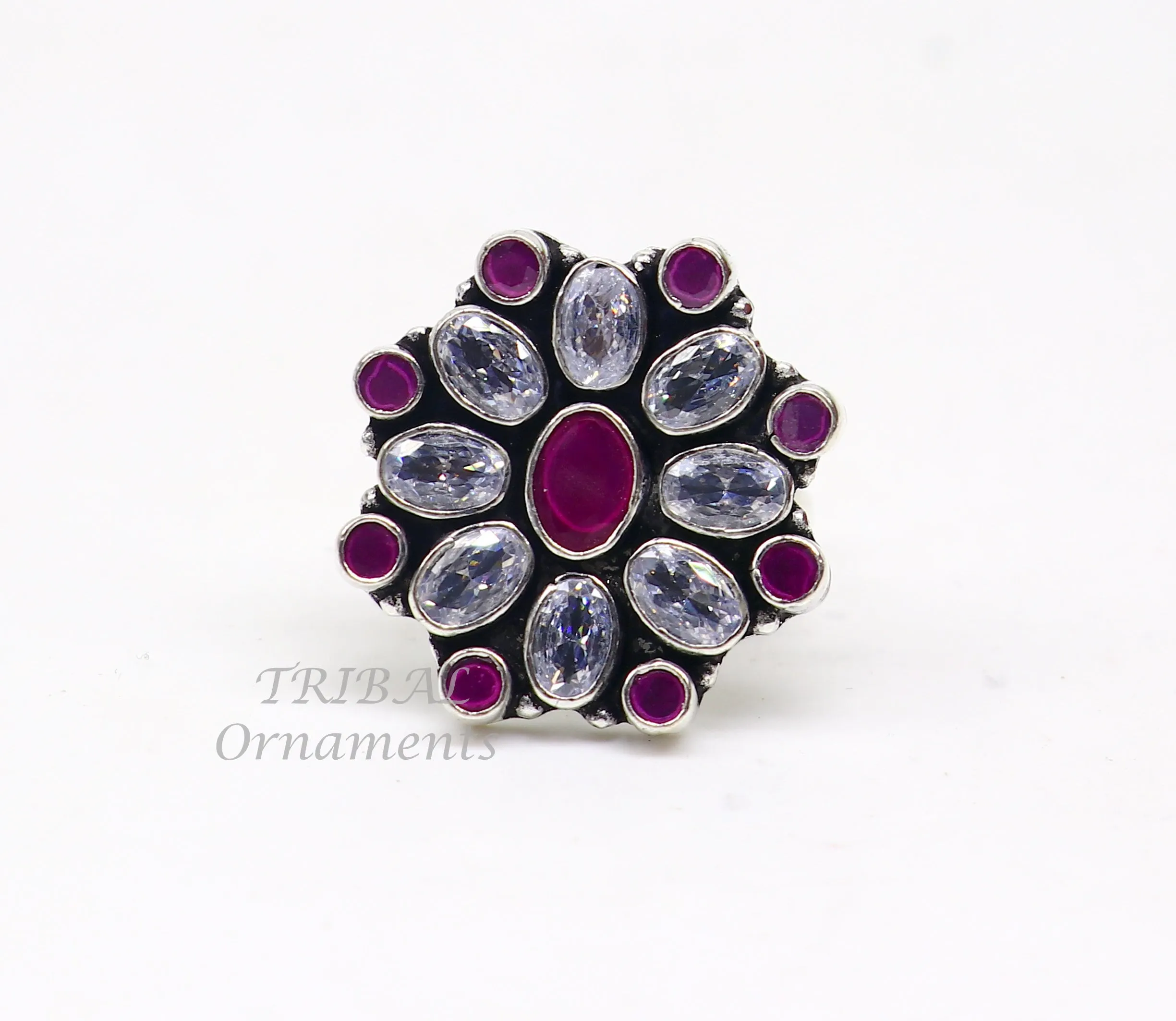 925 sterling silver handmade cubic zirconia and red stone ring adjustable for all sizes best girl's gifting fashionable stylish ring sr357