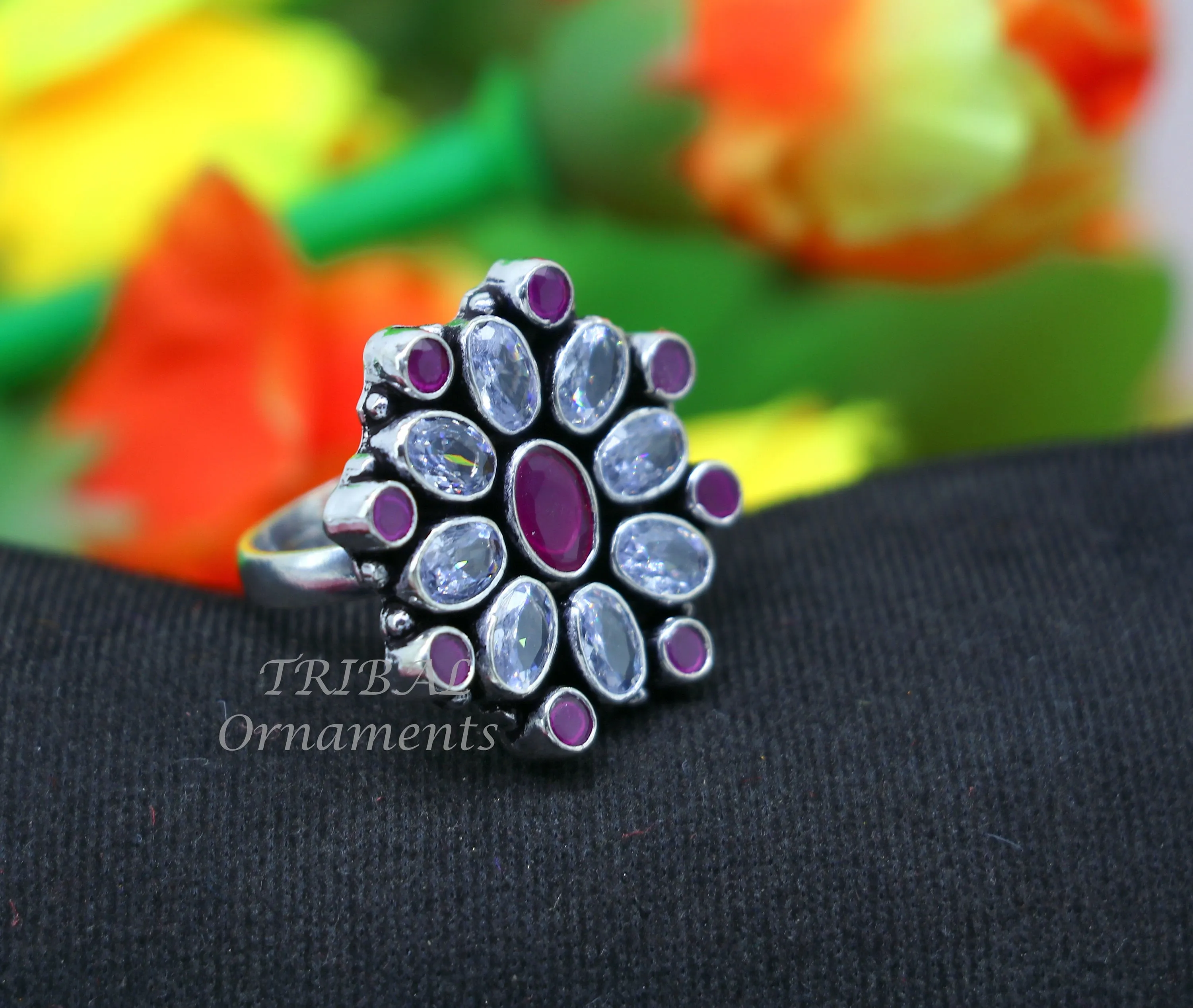 925 sterling silver handmade cubic zirconia and red stone ring adjustable for all sizes best girl's gifting fashionable stylish ring sr357