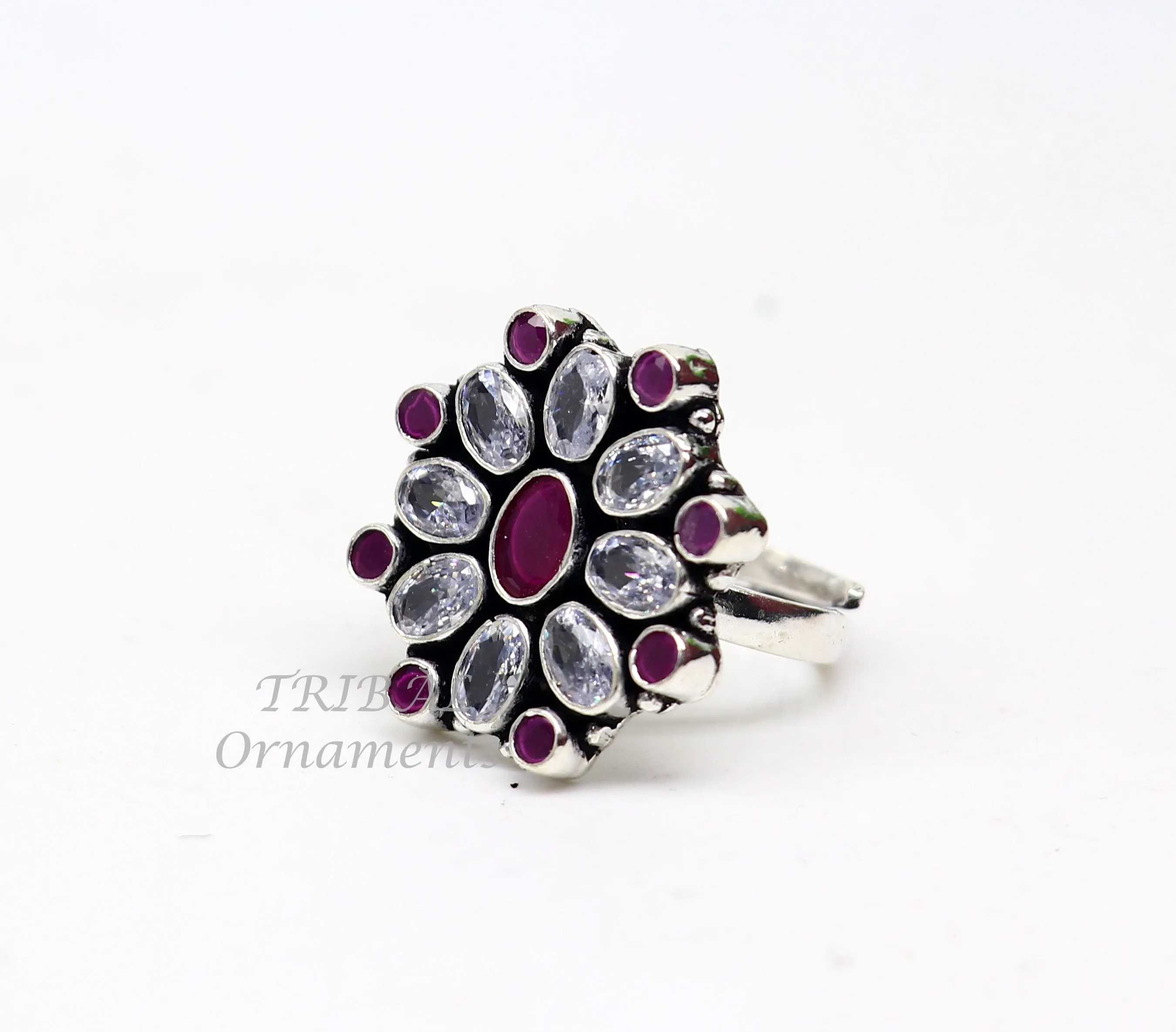 925 sterling silver handmade cubic zirconia and red stone ring adjustable for all sizes best girl's gifting fashionable stylish ring sr357