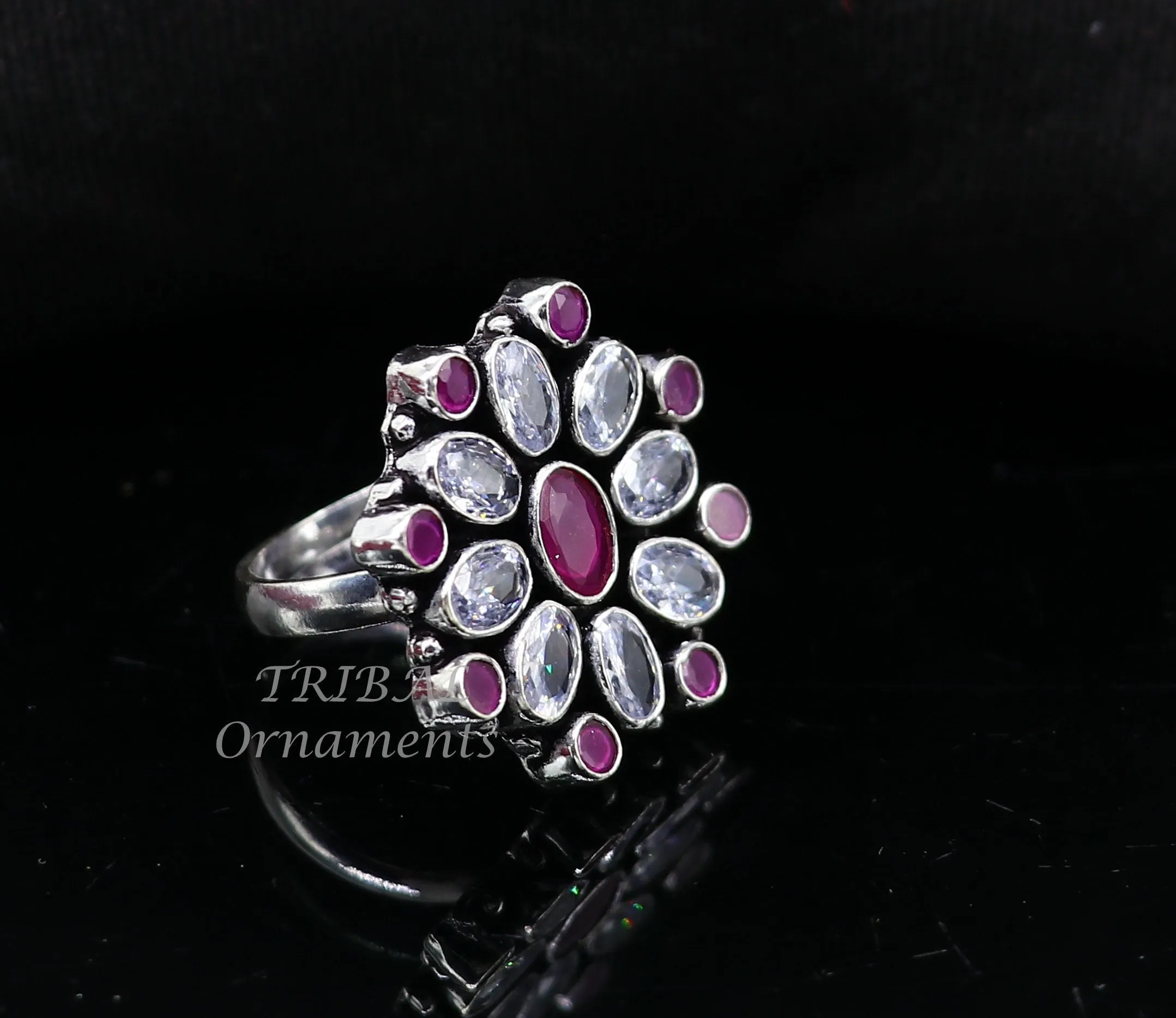 925 sterling silver handmade cubic zirconia and red stone ring adjustable for all sizes best girl's gifting fashionable stylish ring sr357