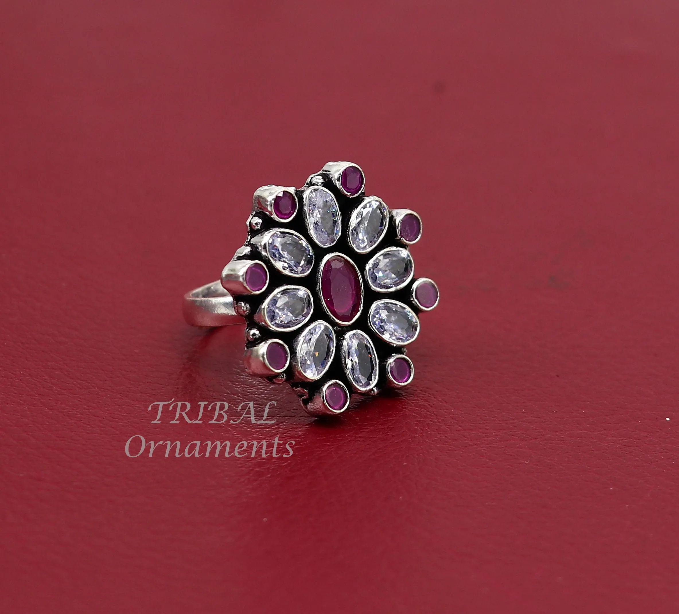925 sterling silver handmade cubic zirconia and red stone ring adjustable for all sizes best girl's gifting fashionable stylish ring sr357