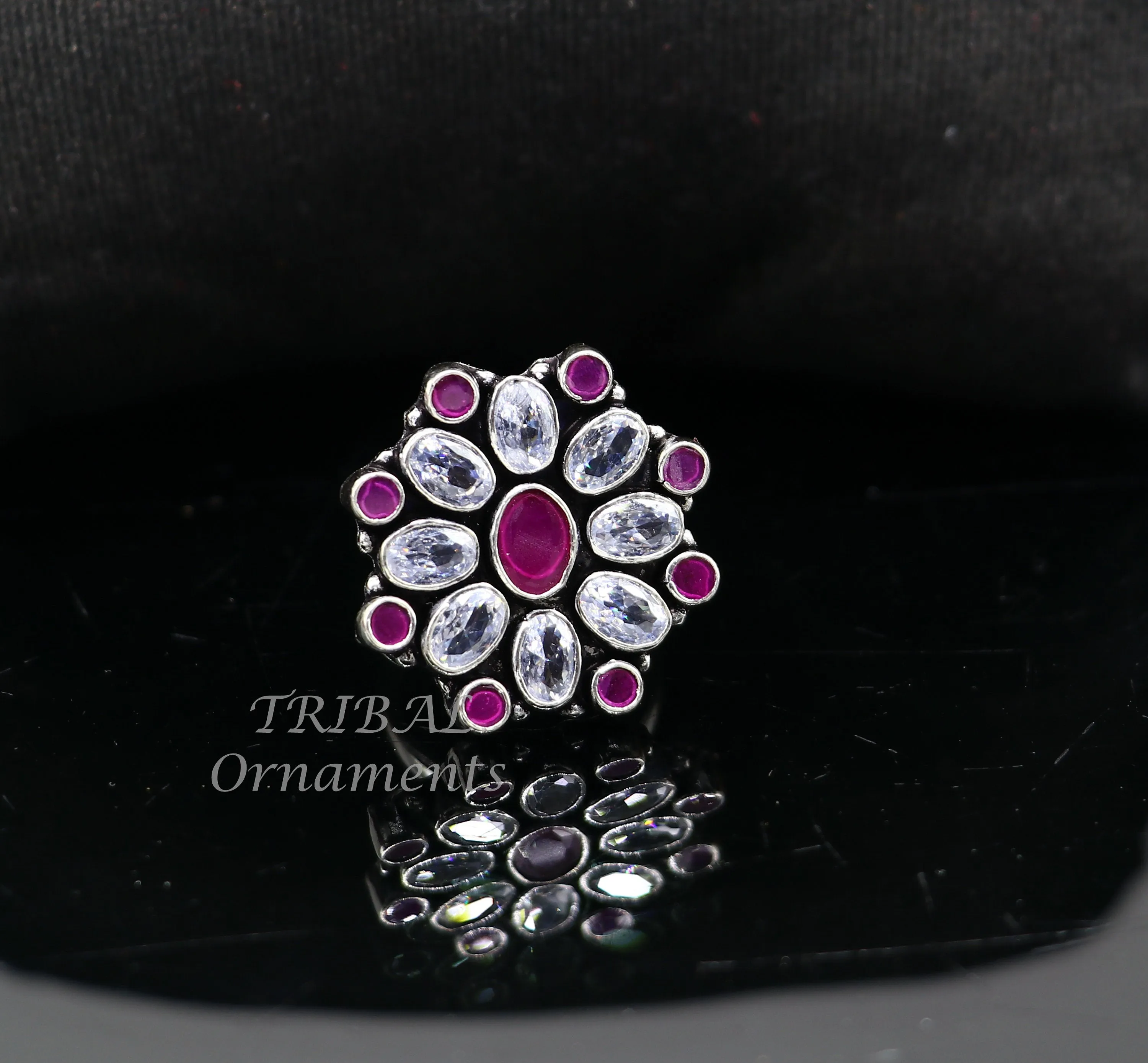 925 sterling silver handmade cubic zirconia and red stone ring adjustable for all sizes best girl's gifting fashionable stylish ring sr357