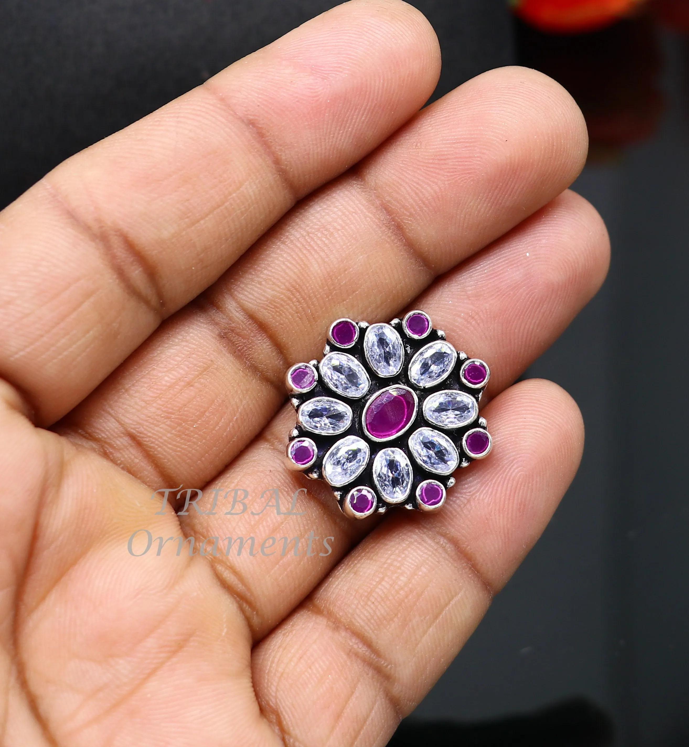 925 sterling silver handmade cubic zirconia and red stone ring adjustable for all sizes best girl's gifting fashionable stylish ring sr357