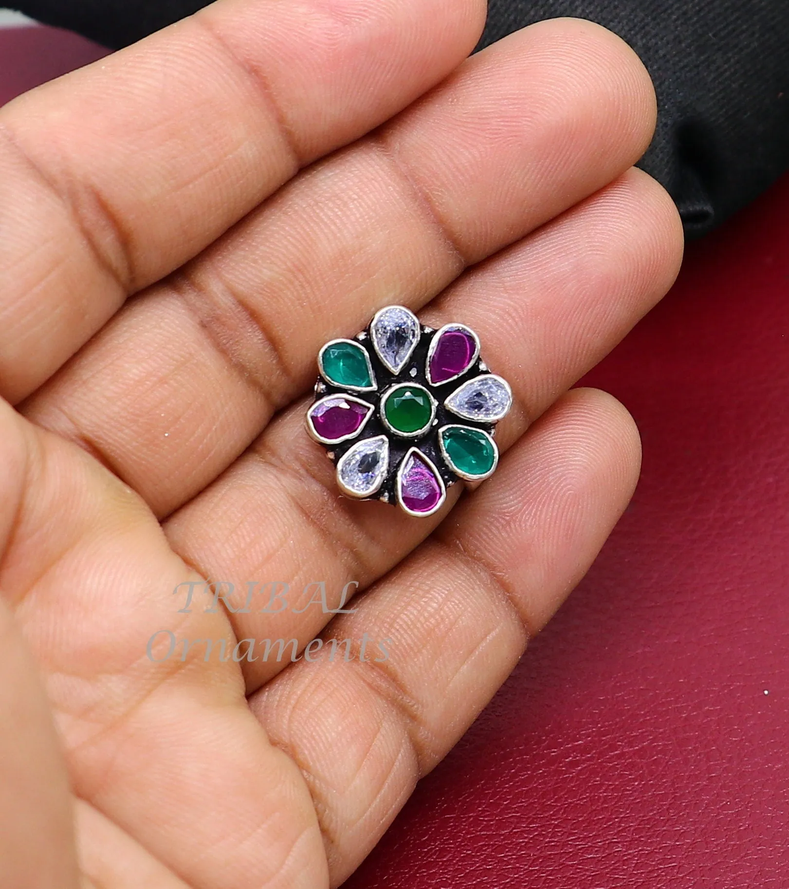 925 sterling silver handmade cubic zirconia and red/green stone ring adjustable for all sizes best girl's gifting fashionable ring sr358