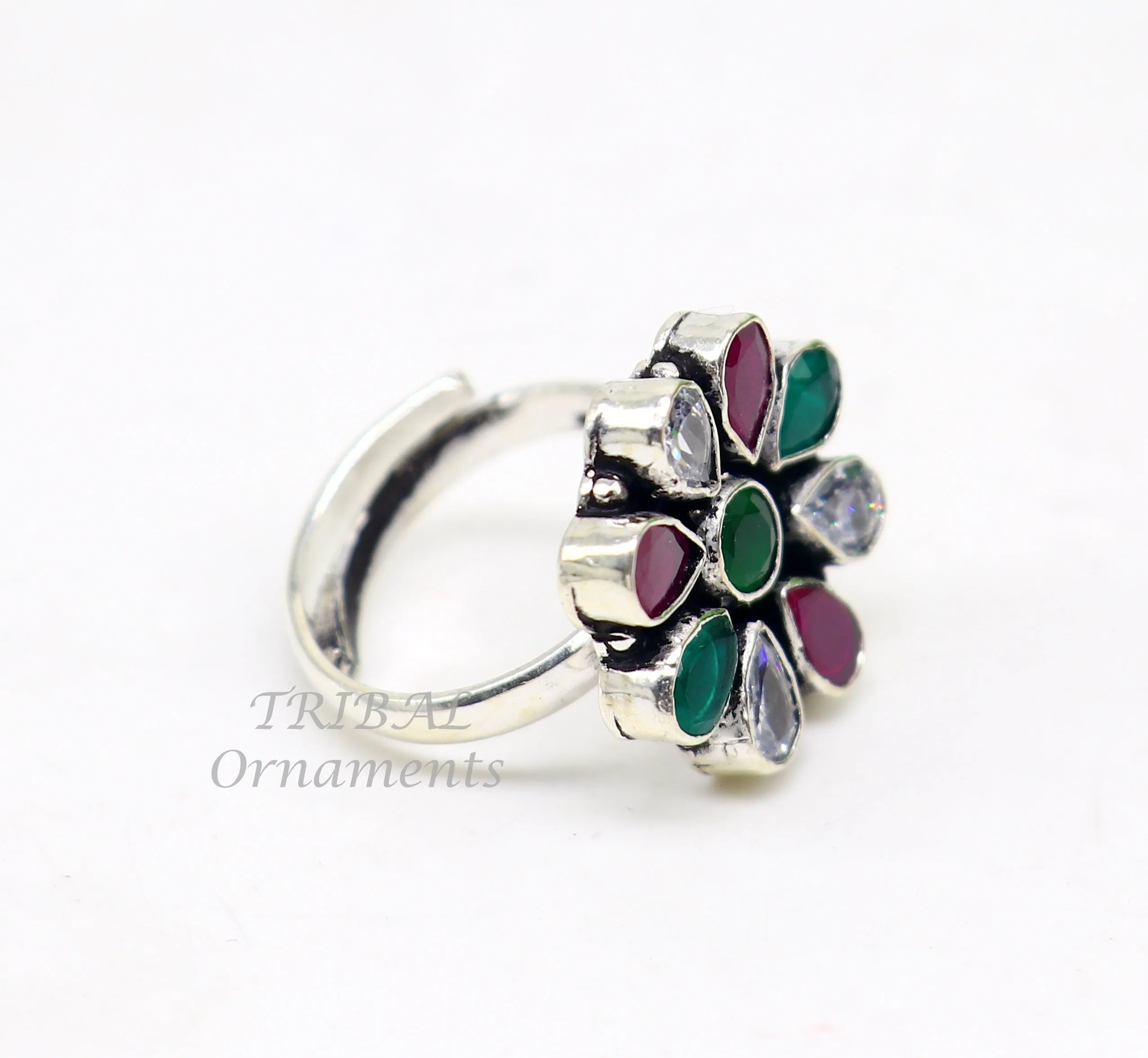 925 sterling silver handmade cubic zirconia and red/green stone ring adjustable for all sizes best girl's gifting fashionable ring sr358