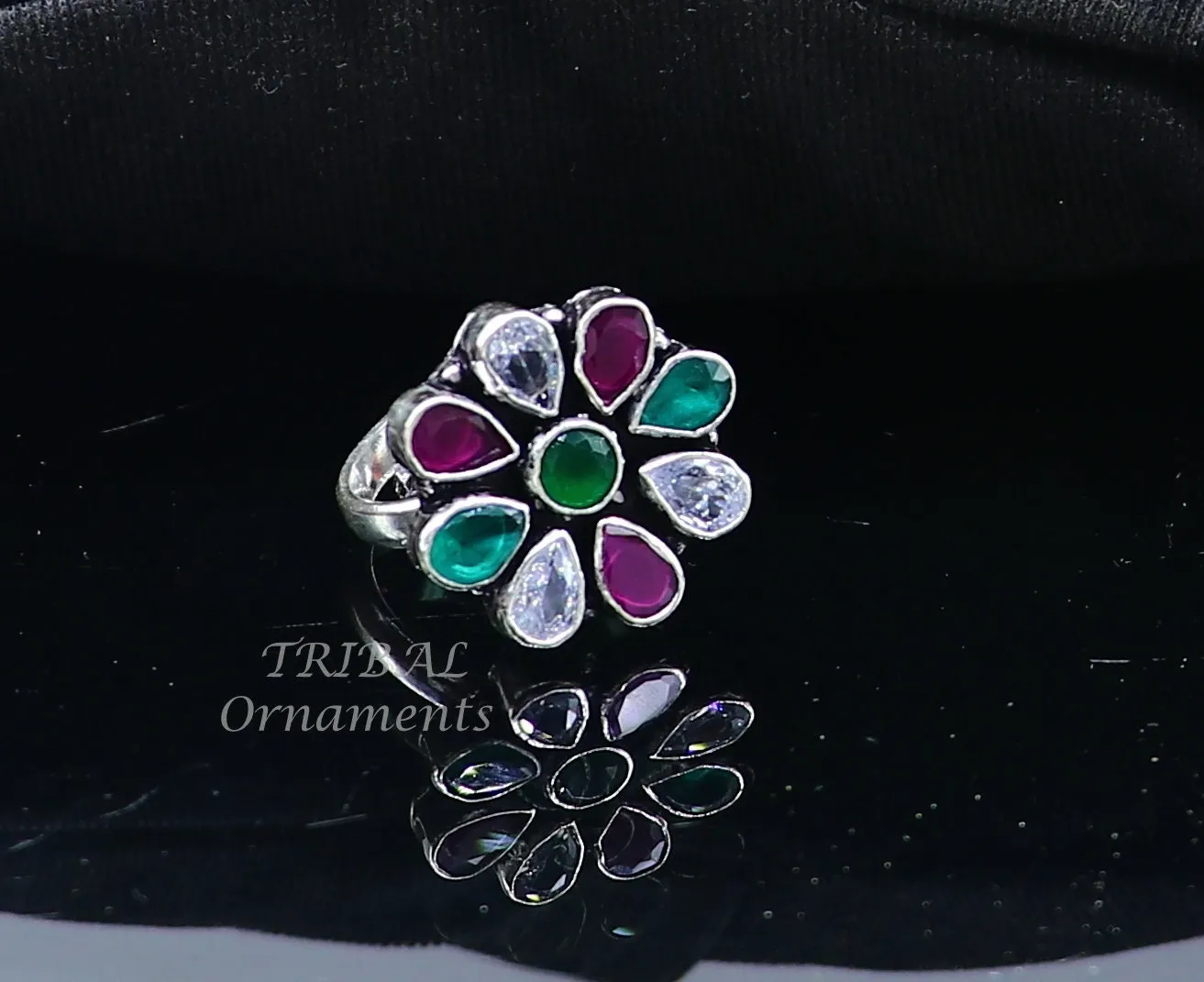 925 sterling silver handmade cubic zirconia and red/green stone ring adjustable for all sizes best girl's gifting fashionable ring sr358