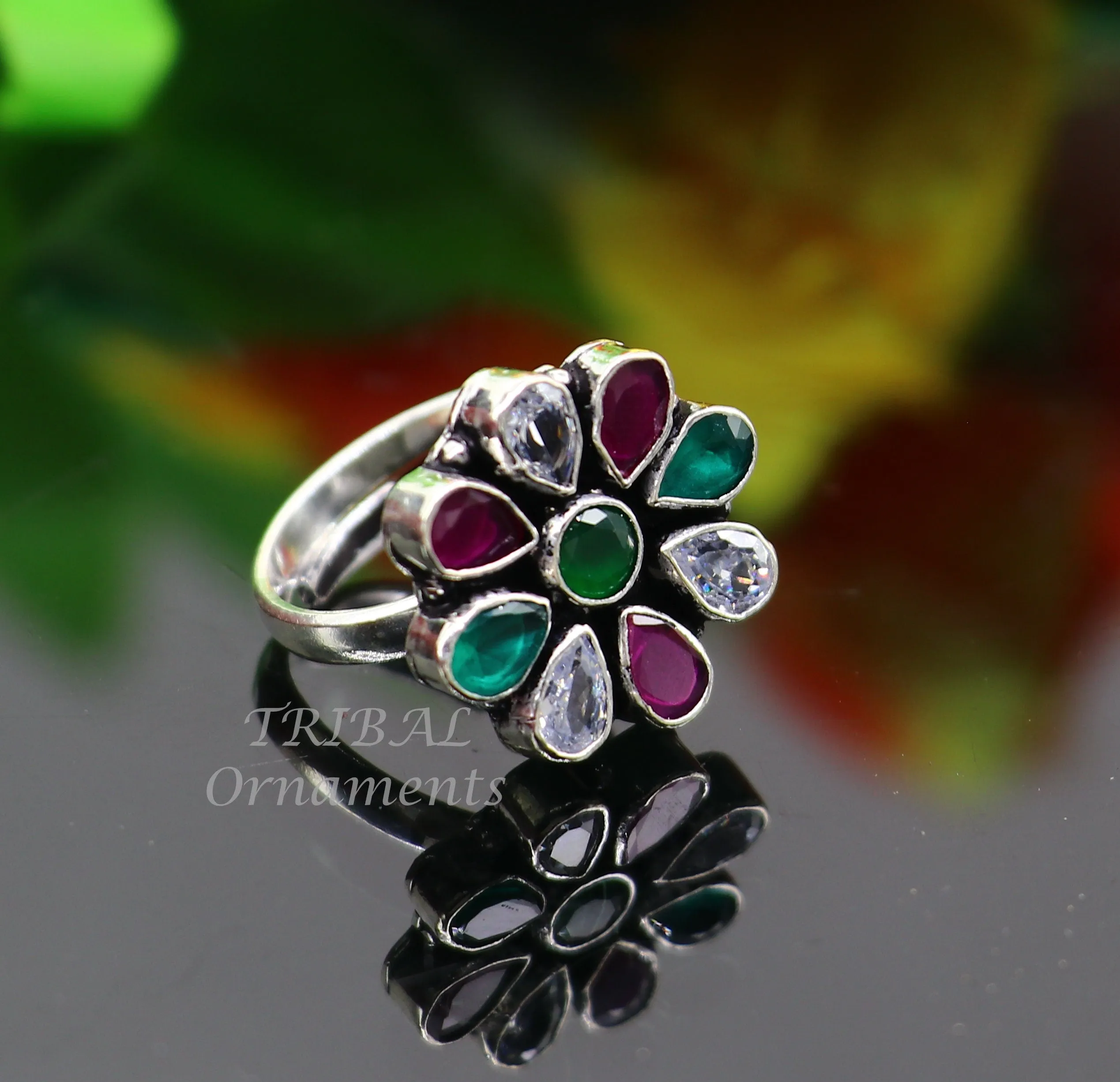 925 sterling silver handmade cubic zirconia and red/green stone ring adjustable for all sizes best girl's gifting fashionable ring sr358