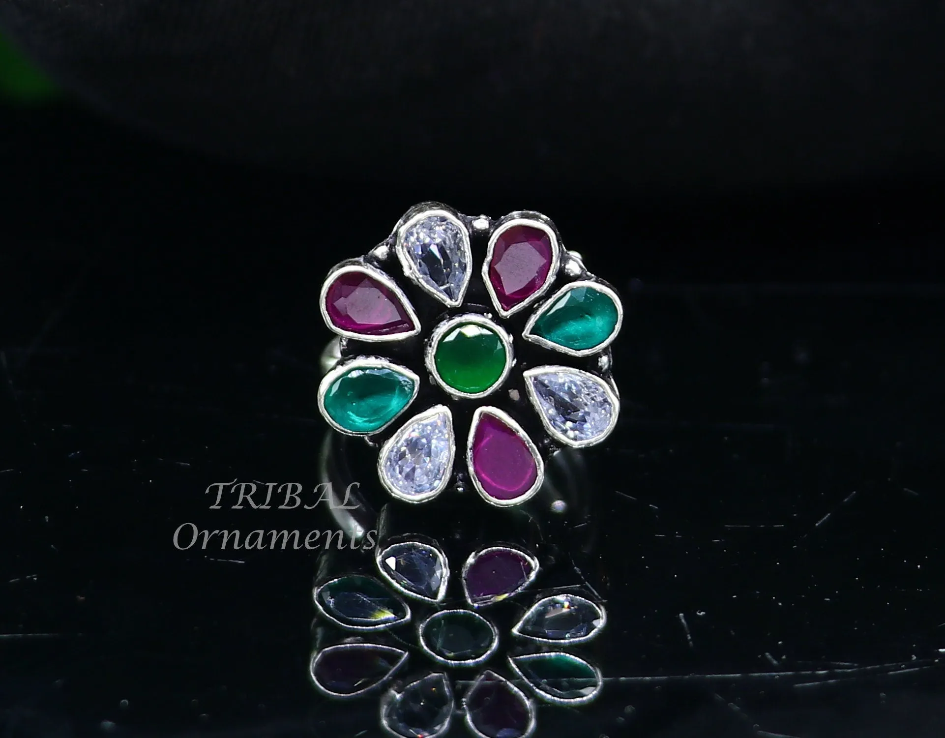 925 sterling silver handmade cubic zirconia and red/green stone ring adjustable for all sizes best girl's gifting fashionable ring sr358