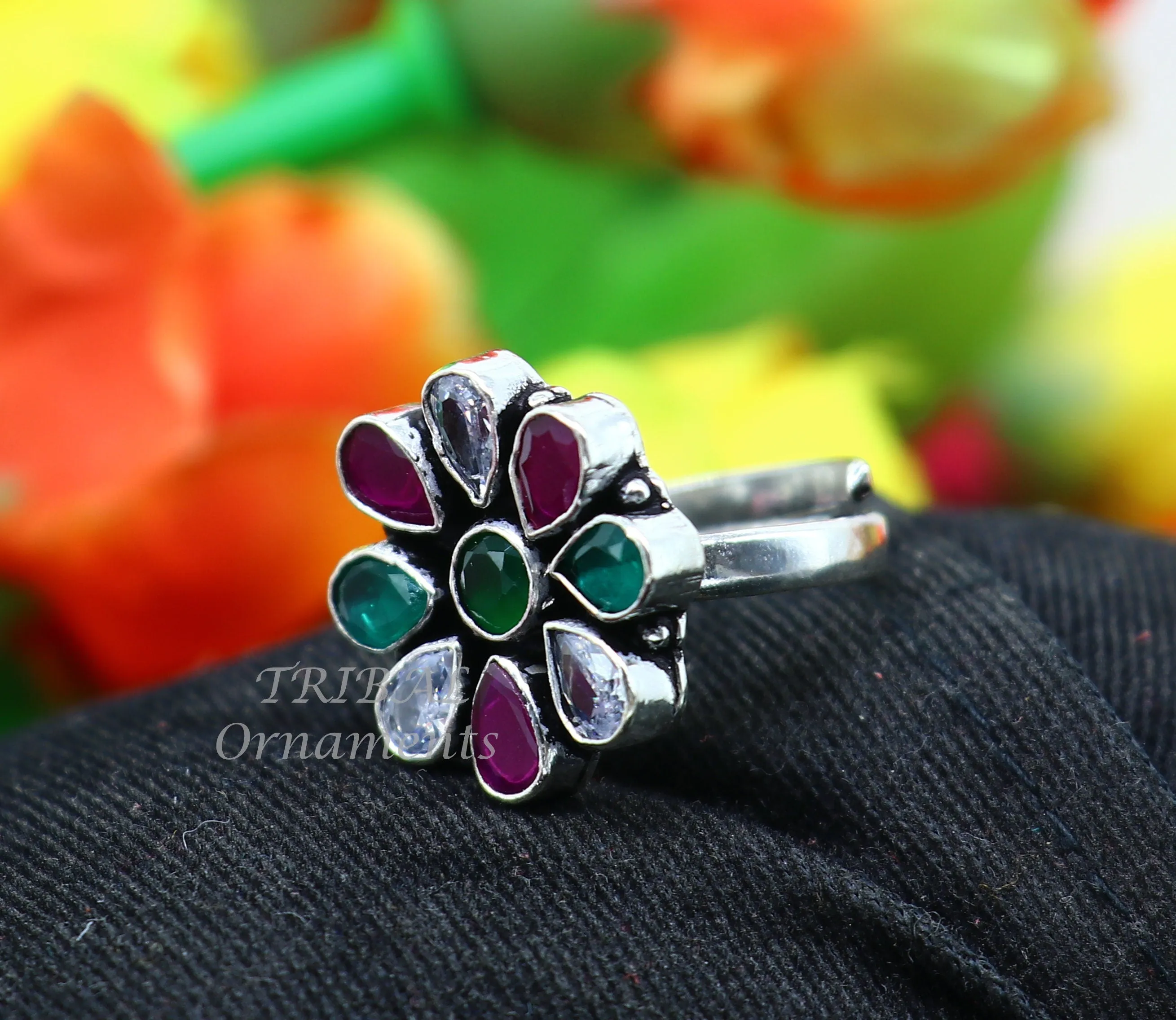 925 sterling silver handmade cubic zirconia and red/green stone ring adjustable for all sizes best girl's gifting fashionable ring sr358
