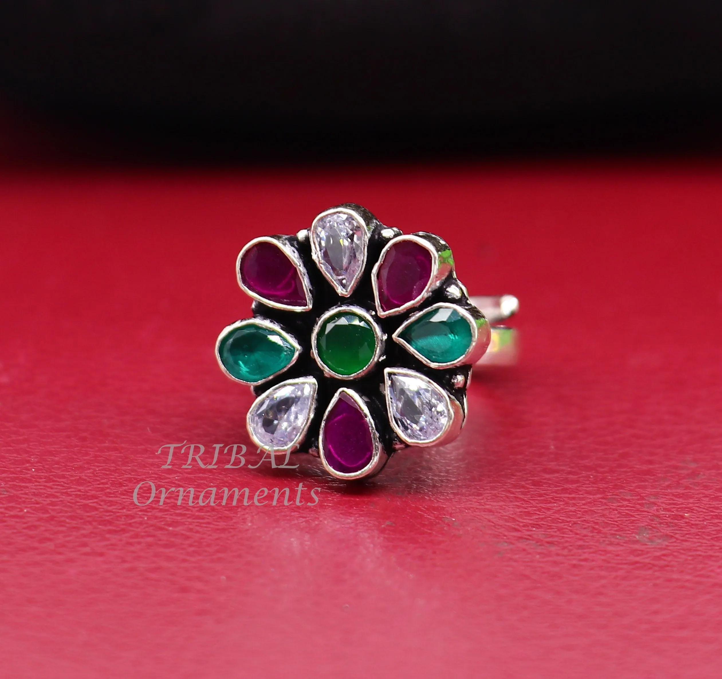 925 sterling silver handmade cubic zirconia and red/green stone ring adjustable for all sizes best girl's gifting fashionable ring sr358