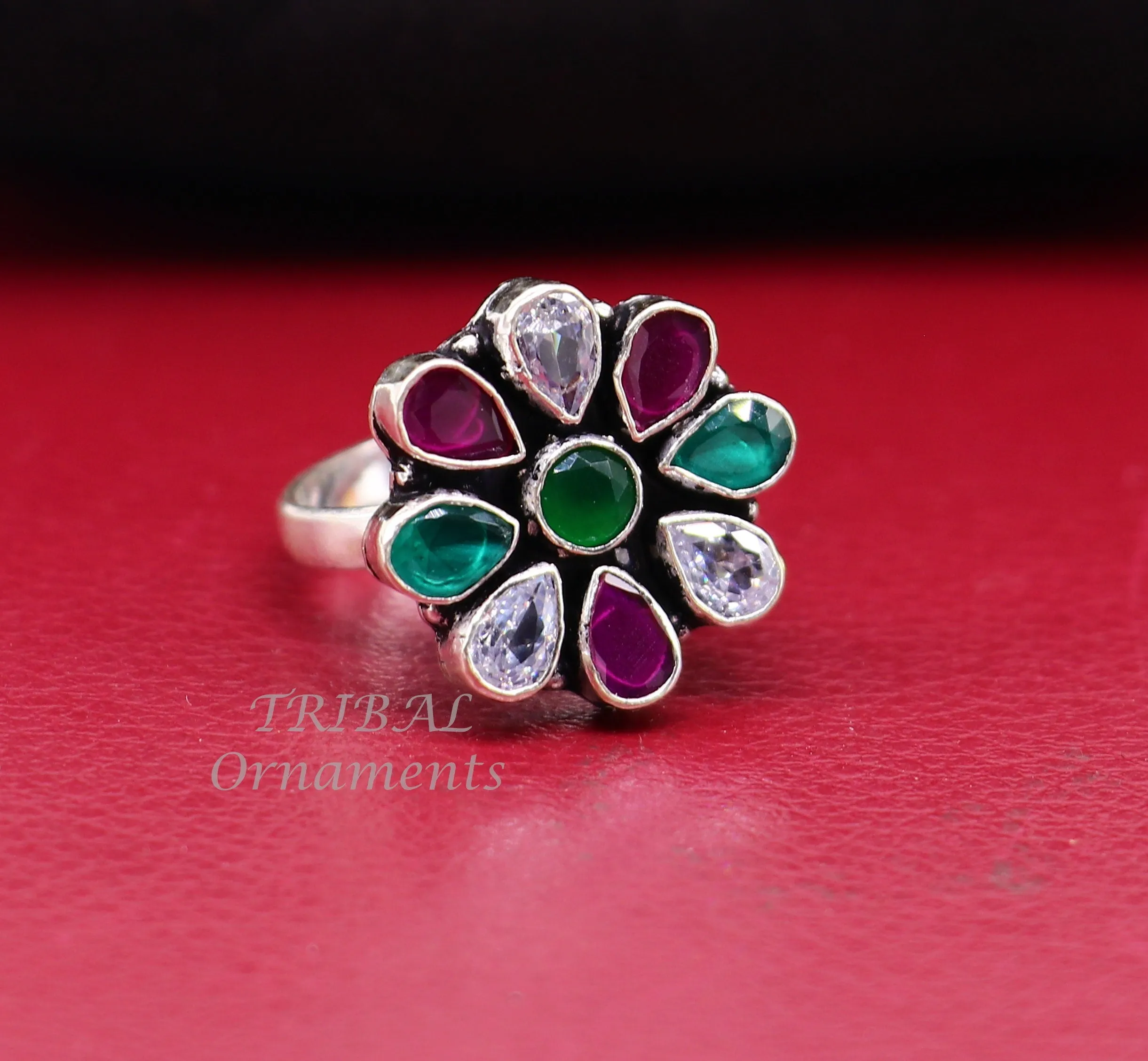 925 sterling silver handmade cubic zirconia and red/green stone ring adjustable for all sizes best girl's gifting fashionable ring sr358