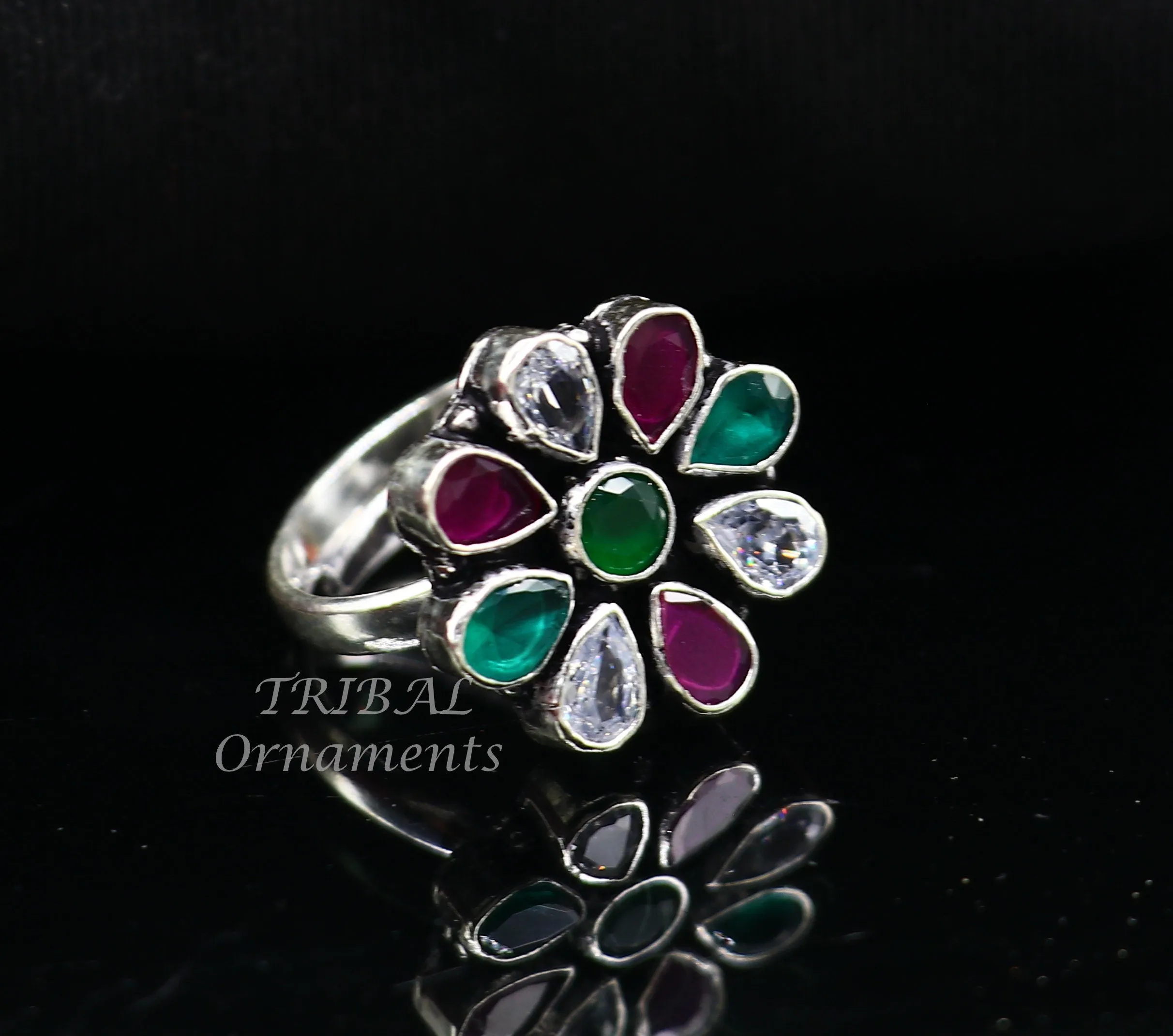 925 sterling silver handmade cubic zirconia and red/green stone ring adjustable for all sizes best girl's gifting fashionable ring sr358