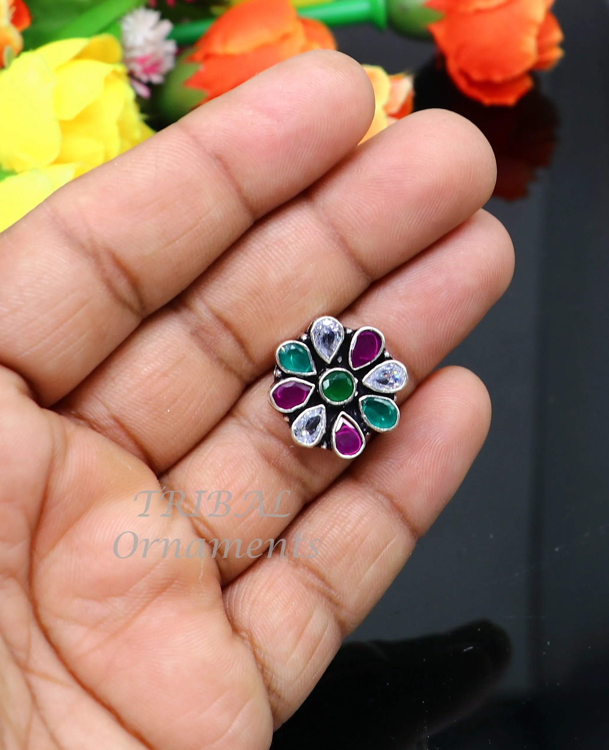925 sterling silver handmade cubic zirconia and red/green stone ring adjustable for all sizes best girl's gifting fashionable ring sr358
