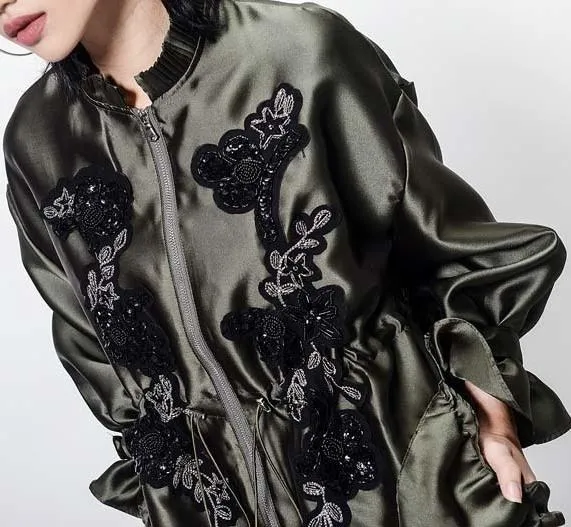 Bead-Embellished Embroidered Ruffled Satin Coat