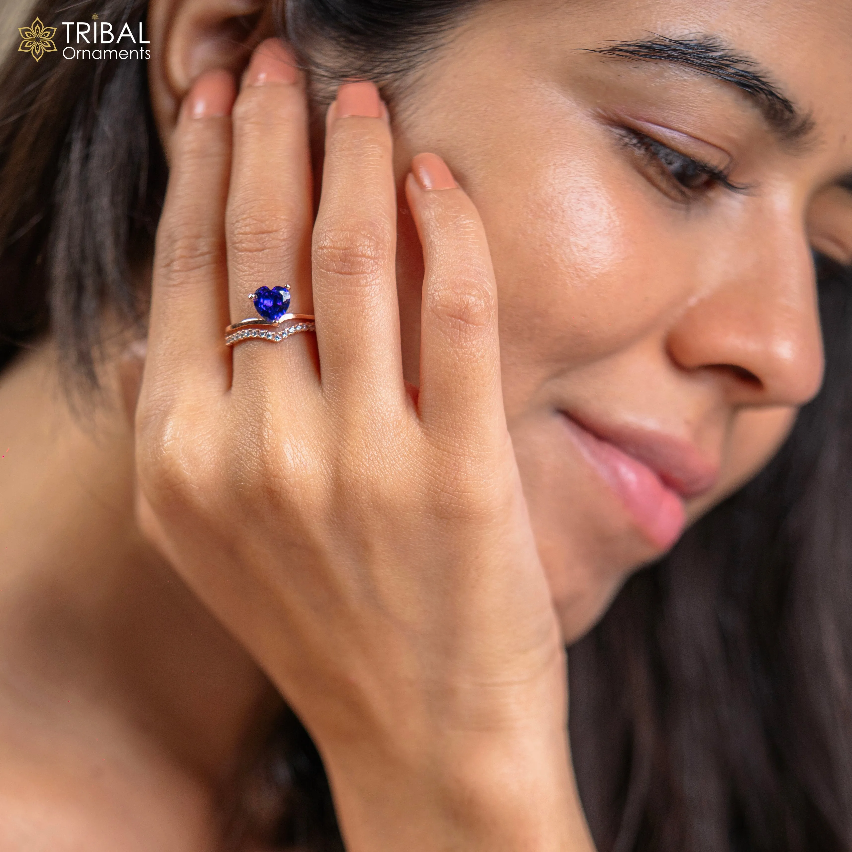 Blue diamond  heart design rose gold silver ring