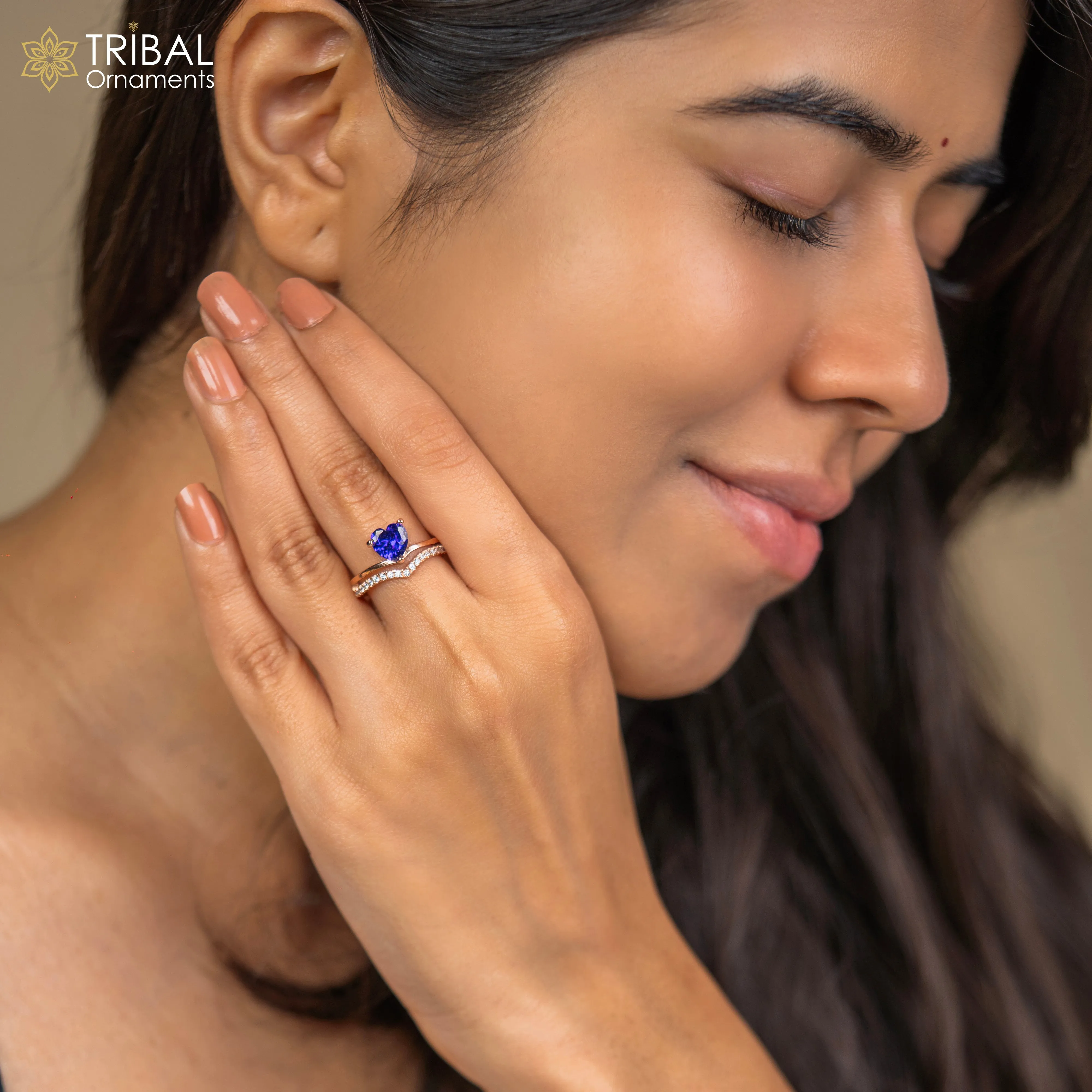 Blue diamond  heart design rose gold silver ring