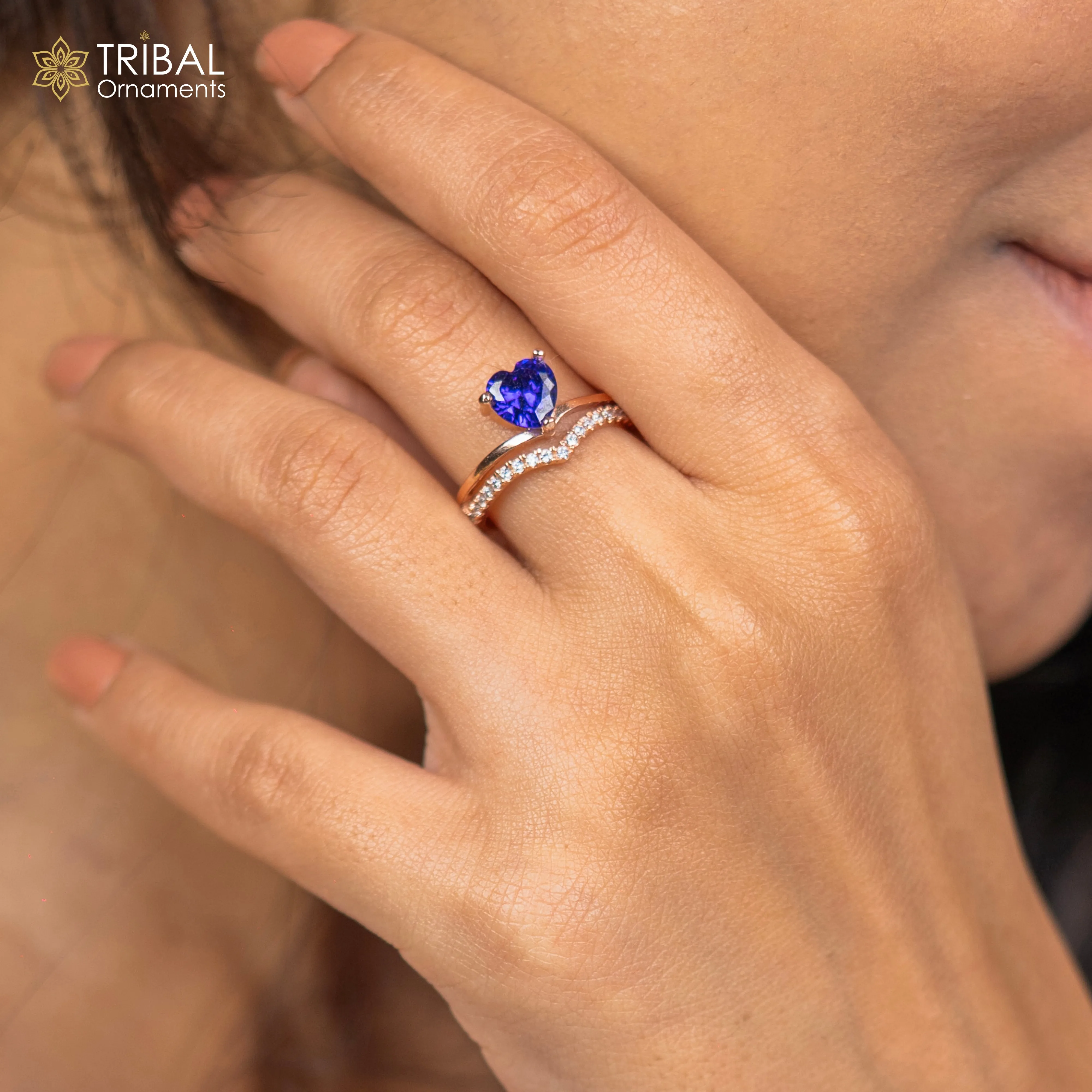 Blue diamond  heart design rose gold silver ring