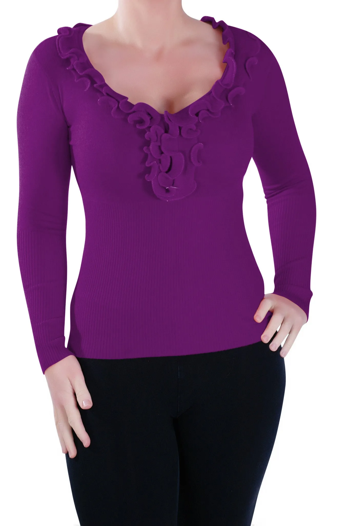Classic Ruffle  Neck Fitted Pullover