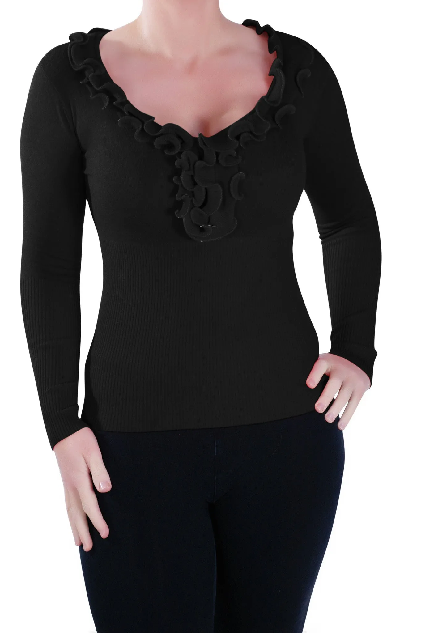 Classic Ruffle  Neck Fitted Pullover