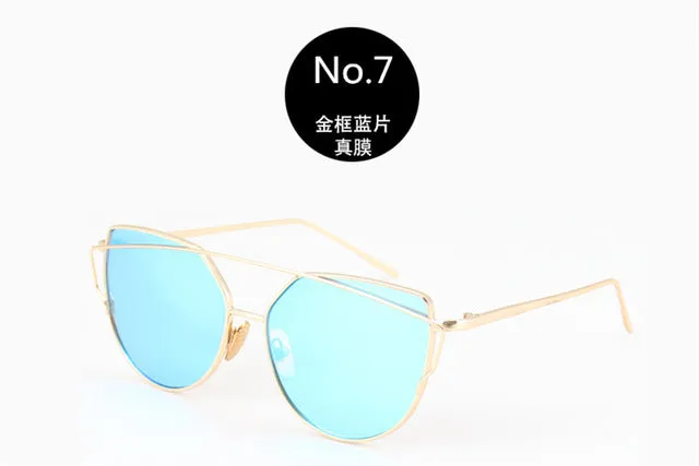 The Best Value Sunglasses For You:2021 Fashion Cat Eye Sunglasses Women Brand Designer Metal Reflective Mirror Sun Glasses For Women Twin-Beams oculos Gafas