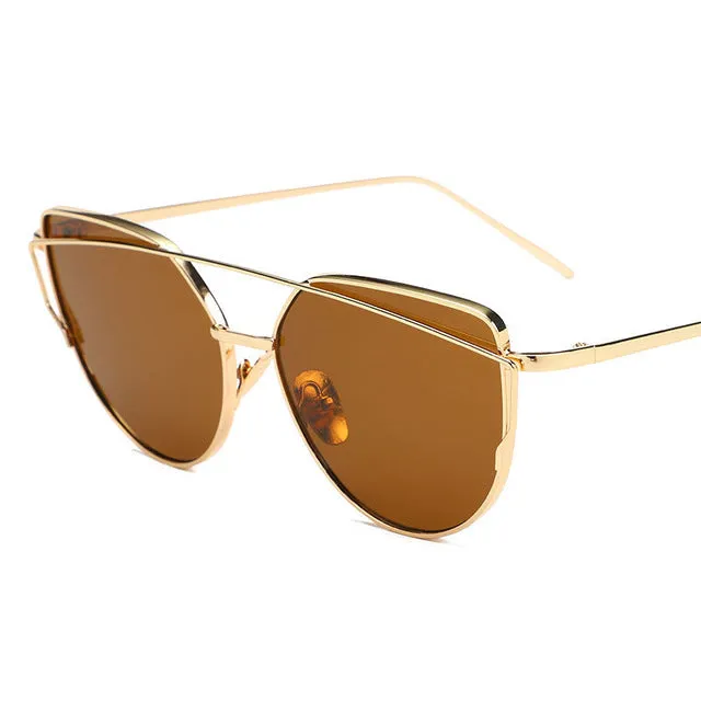The Best Value Sunglasses For You:2021 Fashion Cat Eye Sunglasses Women Brand Designer Metal Reflective Mirror Sun Glasses For Women Twin-Beams oculos Gafas