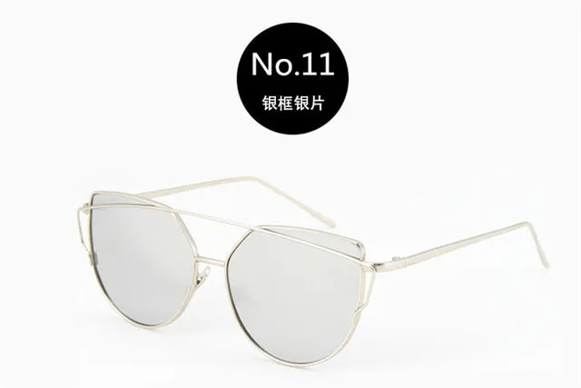 The Best Value Sunglasses For You:2021 Fashion Cat Eye Sunglasses Women Brand Designer Metal Reflective Mirror Sun Glasses For Women Twin-Beams oculos Gafas